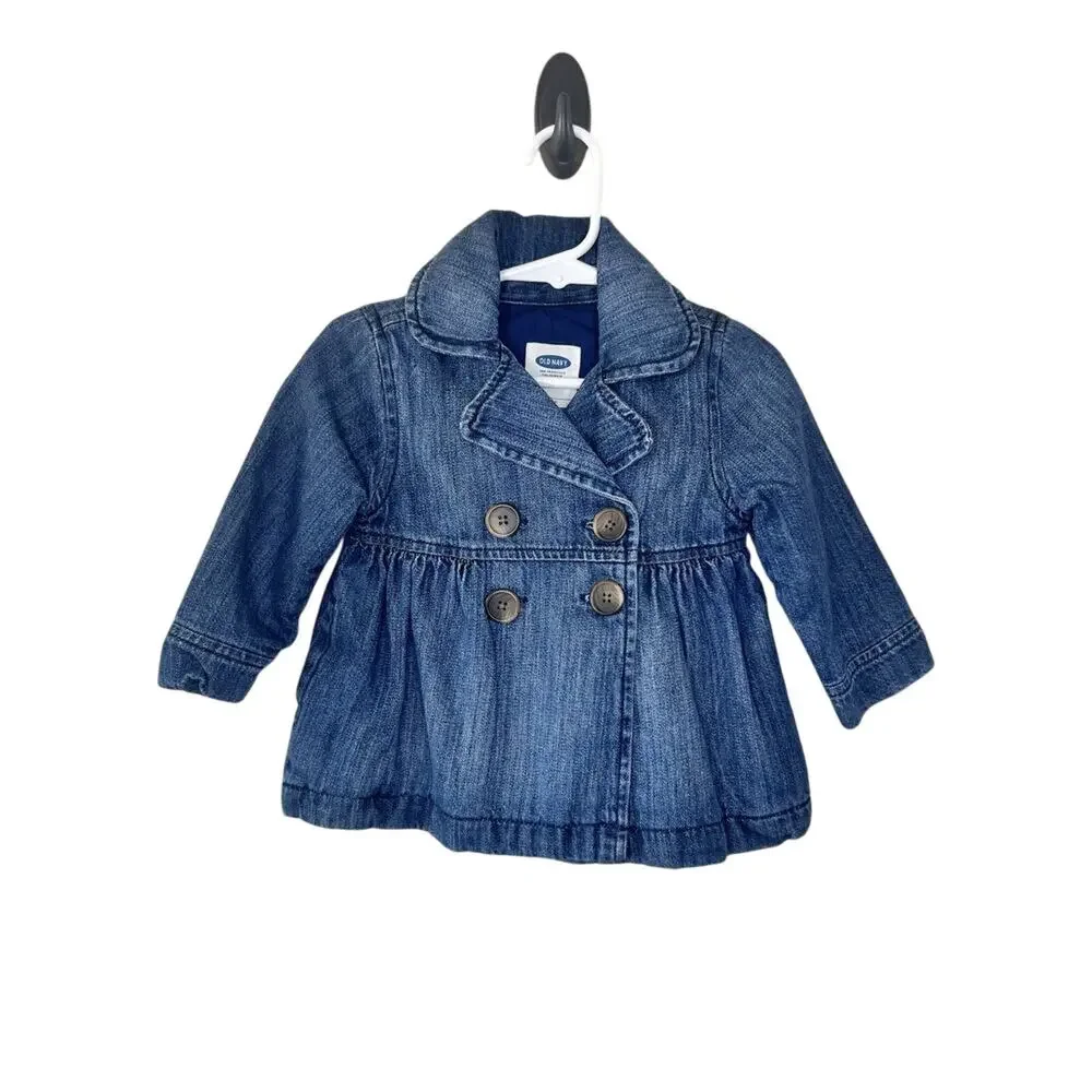 Old Navy Denim Peacoat Jacket, Blue, Cotton Blend, Double Breasted Toddler Girl